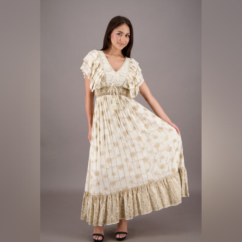 Ananta Cream and Gold Women's Maxi Dress Boho Anthro Inspired Boutique NWOT - Picture 2 of 8